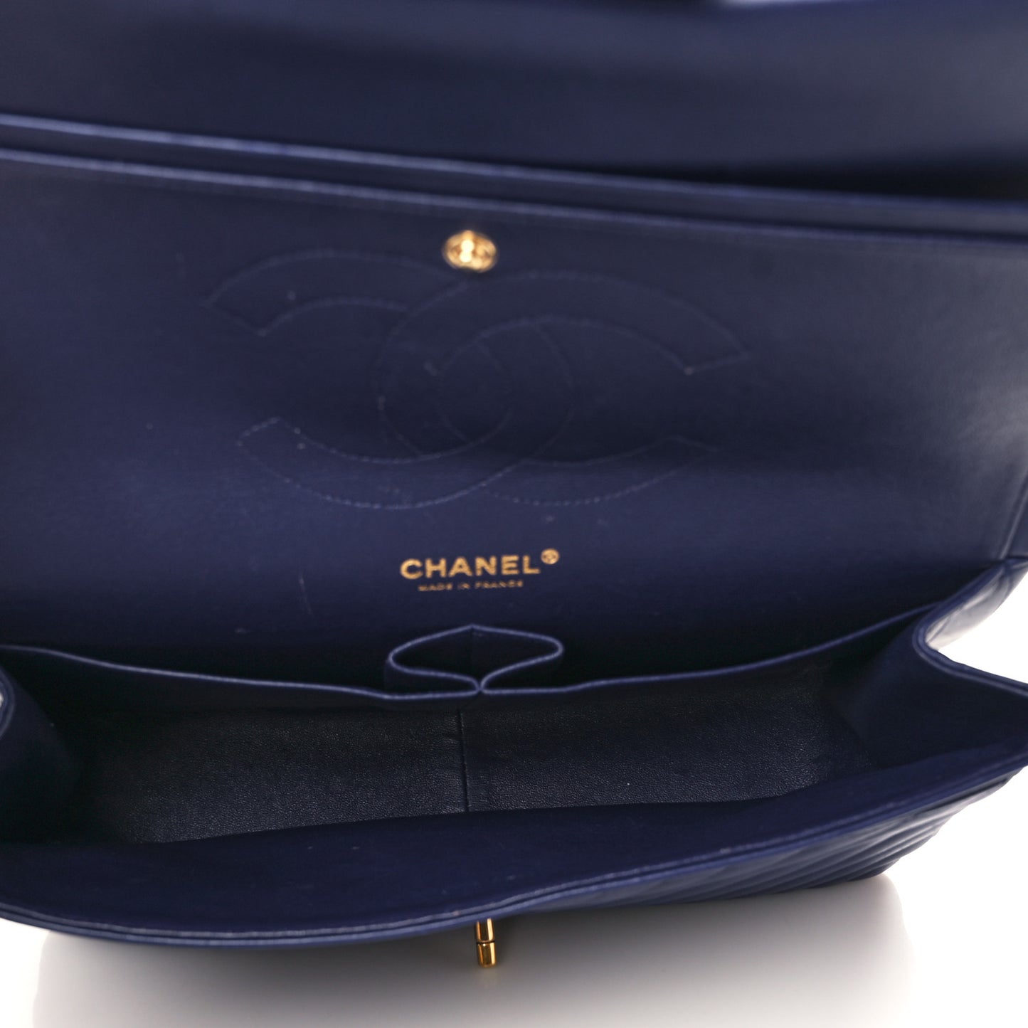 Lambskin Chevron Quilted Jumbo Double Flap Navy Blue