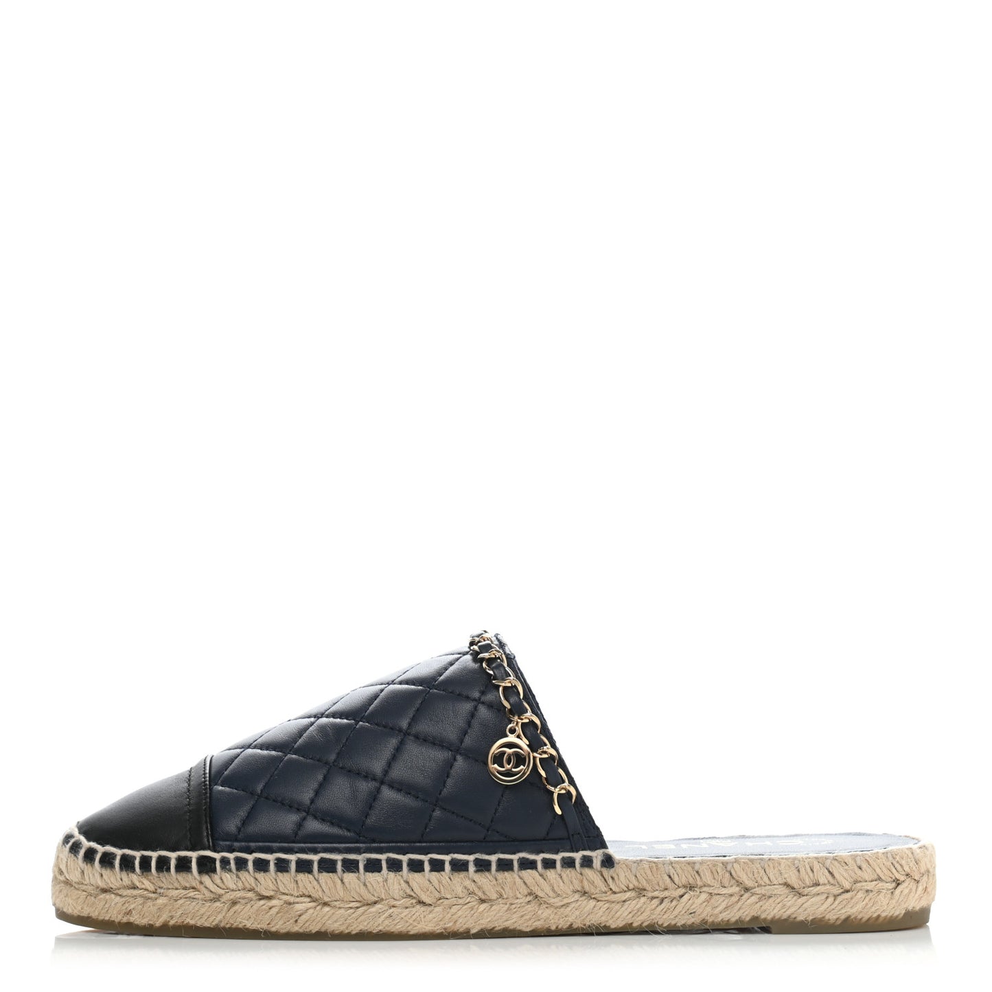 Lambskin Grosgrain Quilted CC Chain Espadrille Mules 41 Black