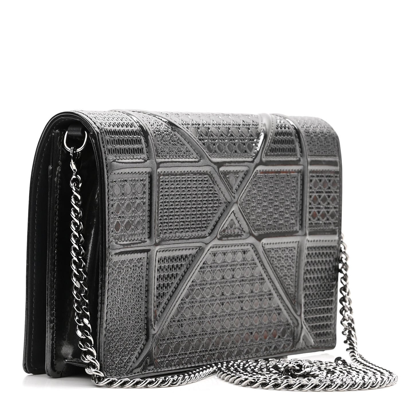 Metallic Patent Micro-Cannage Diorama Wallet on Chain Pouch Black