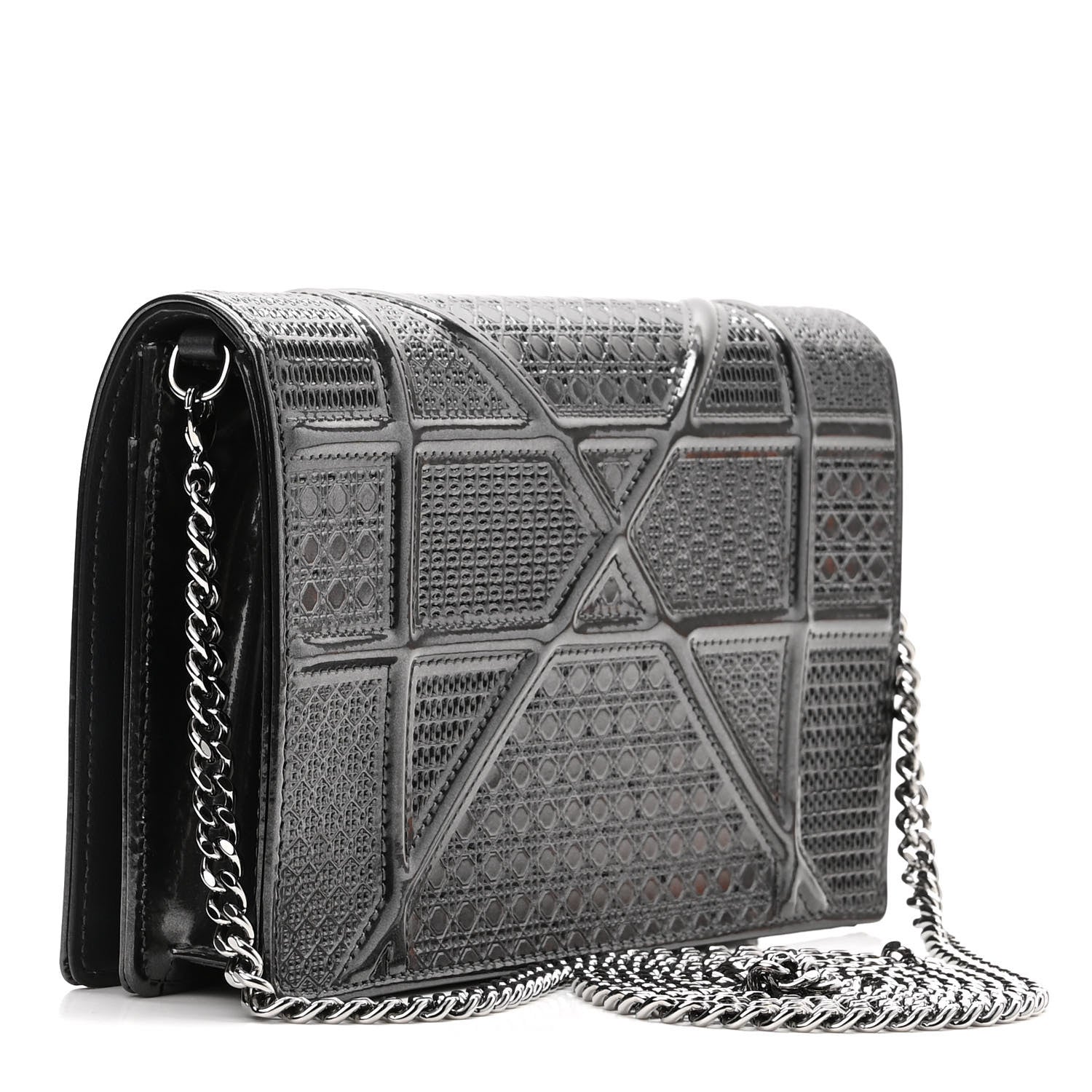 Christian Dior Metallic Patent Micro-Cannage Diorama Wallet on Chain Pouch Black 3 of 9