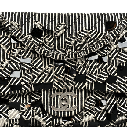 Chanel Canvas Sequin Stripe Medium Double Flap Black White 9 of 11