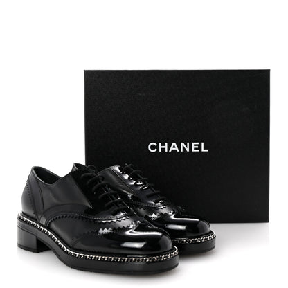 Chanel Lambskin Patent Calfskin CC Brogue Lace Up Oxfords 38 Black 11 of 11