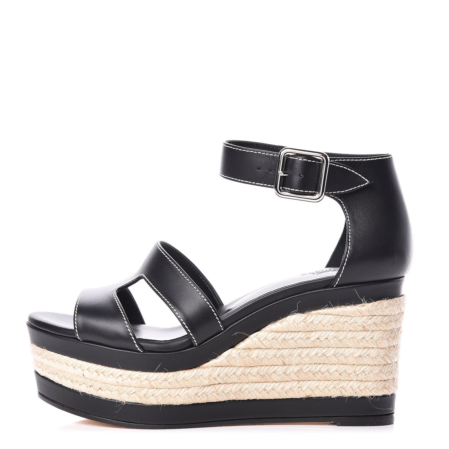 Hermes Calfskin Ilana Espadrille Wedge Sandals 36.5 Black 1 of 9