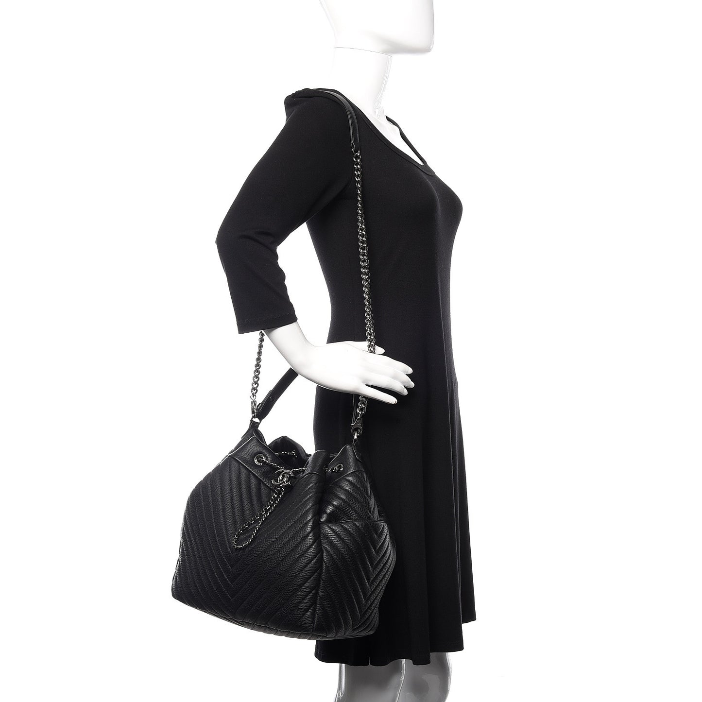 Deerskin Chevron Large CC Chain Bucket Drawstring Bag Black