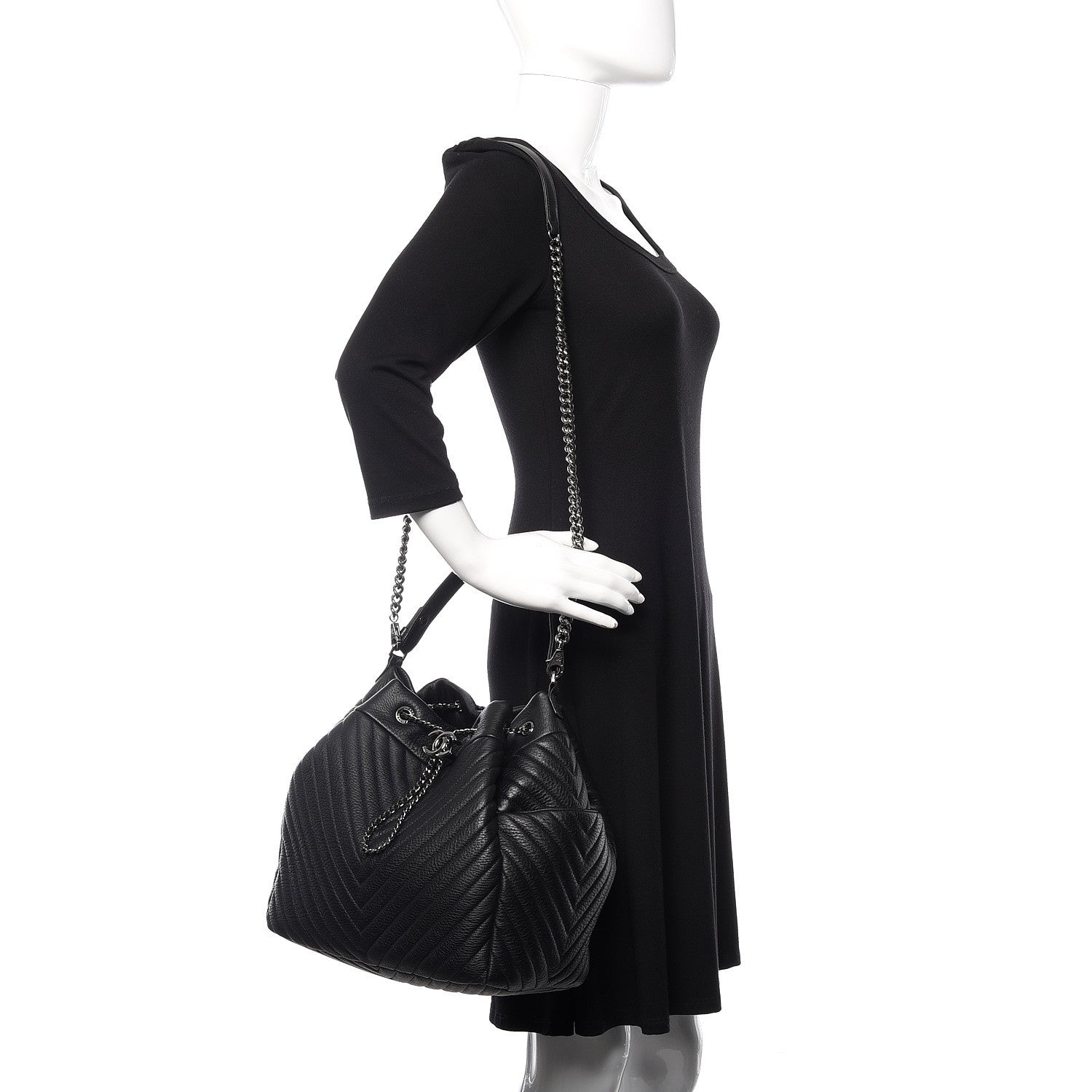 Chanel Deerskin Chevron Large CC Chain Bucket Drawstring Bag Black 2 of 15