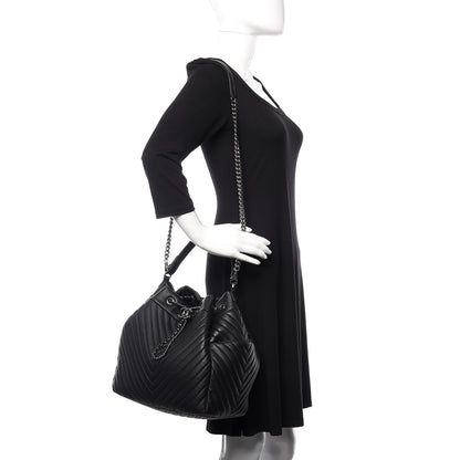 Chanel Deerskin Chevron Large CC Chain Bucket Drawstring Bag Black 2 of 15
