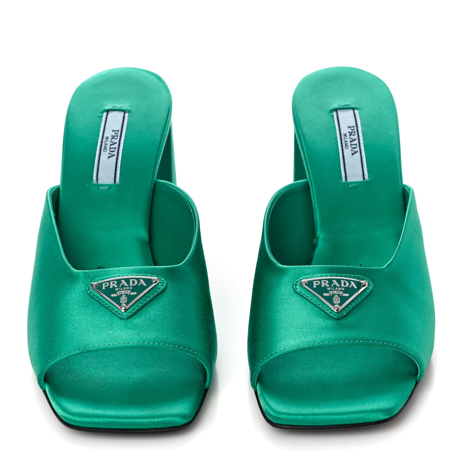 Prada Satin Metal Triangle Logo 85mm Slide Sandals 37 Assenzio 2 of 11