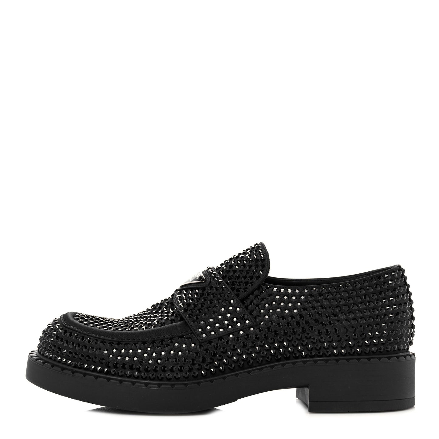 Satin Crystal Metal Triangle Logo Mens Loafers 7 Black