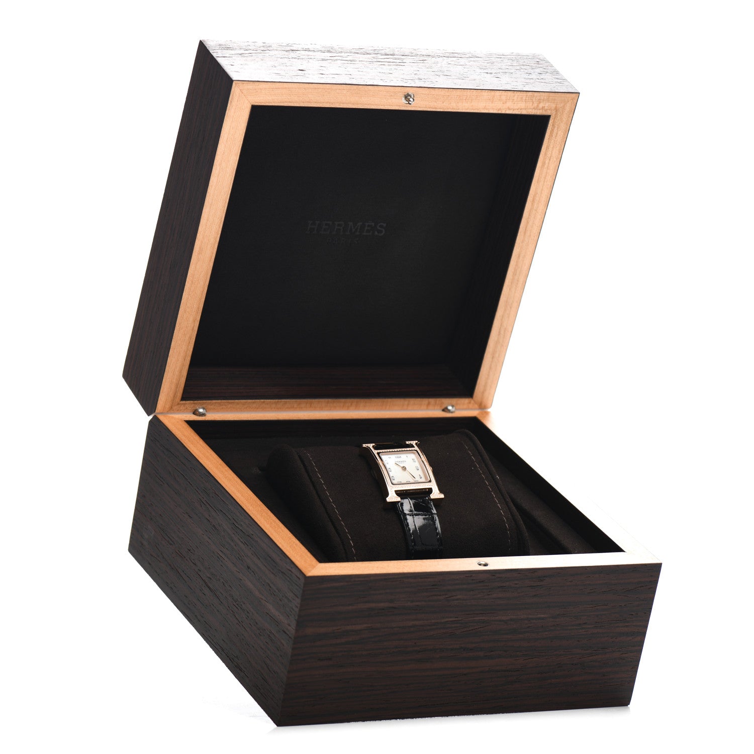 Hermes 18K Rose Gold Alligator Diamond Bezel Mother of Pearl 21mm Heure H Hour Quartz Watch Noir 5 of 5