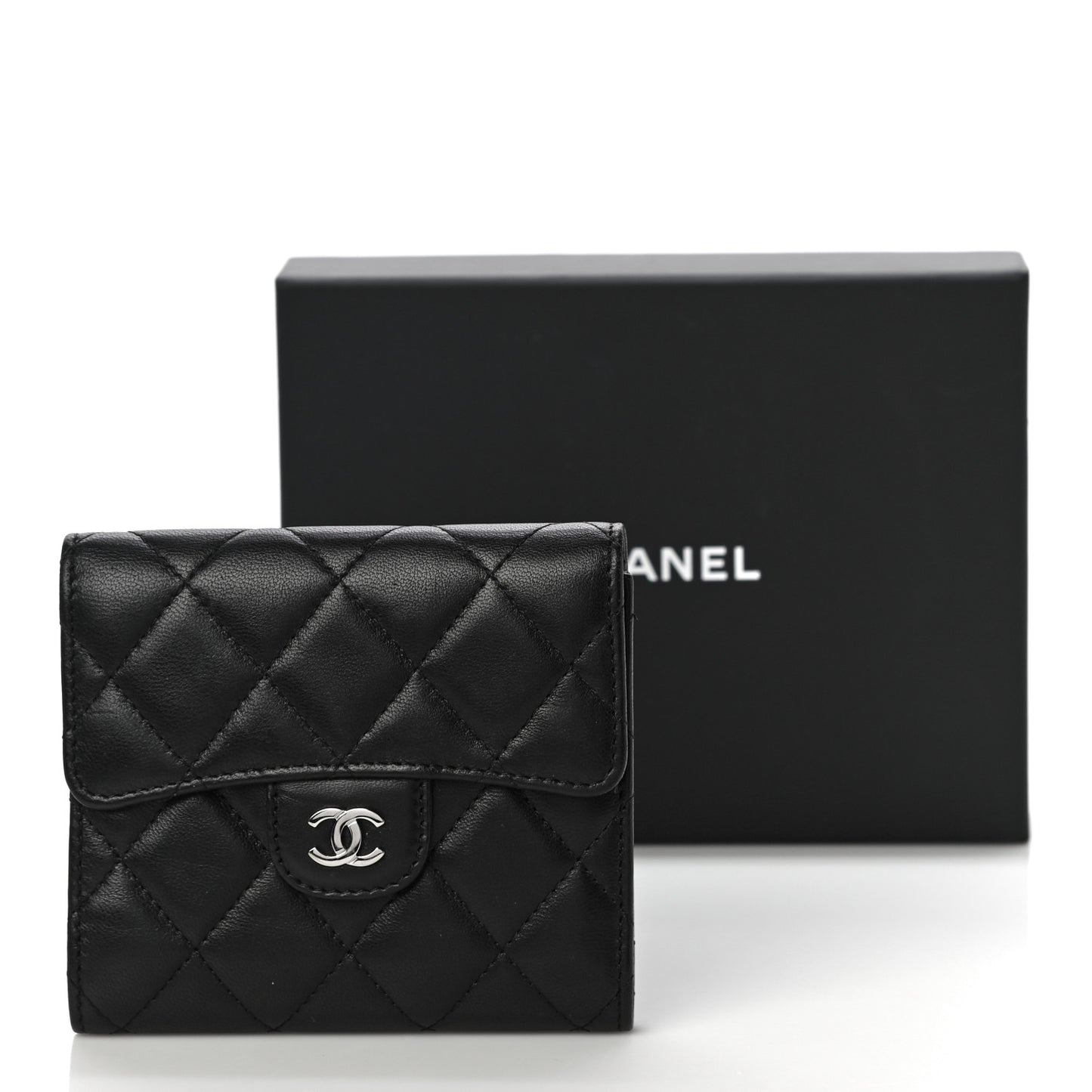 Lambskin Quilted Compact Flap Wallet Black