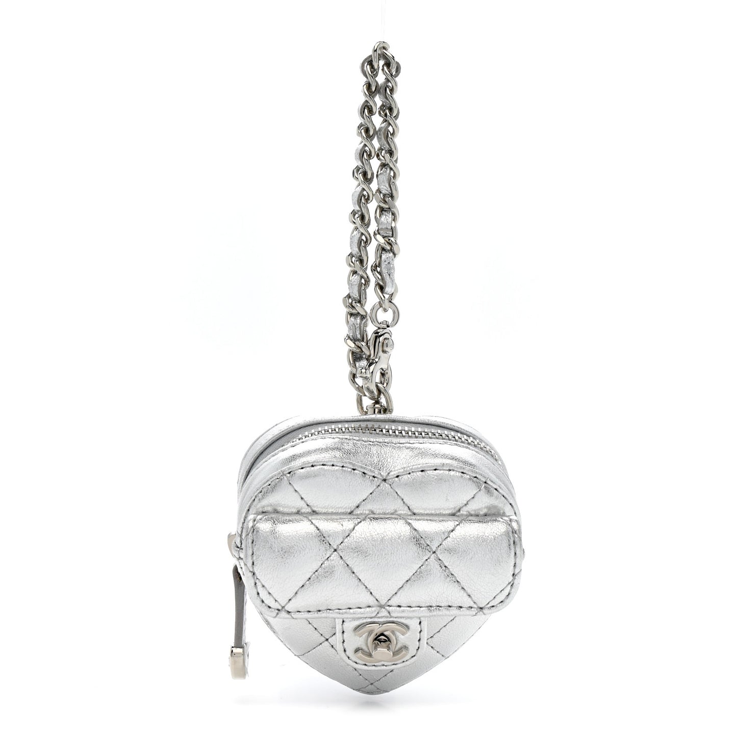 Metallic Lambskin Quilted CC Mini In Love Heart Bag Charm Silver