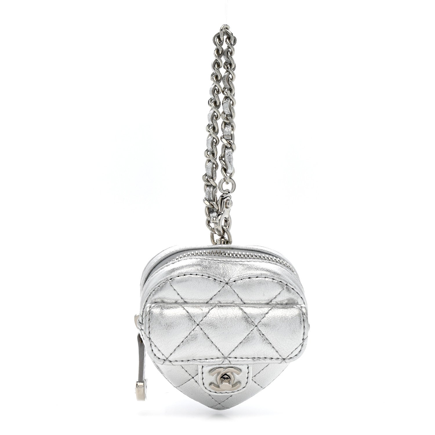 Chanel Metallic Lambskin Quilted CC Mini In Love Heart Bag Charm Silver 1 of 8