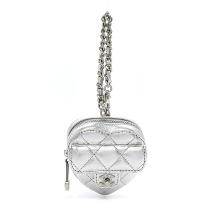 Chanel Metallic Lambskin Quilted CC Mini In Love Heart Bag Charm Silver 1 of 8