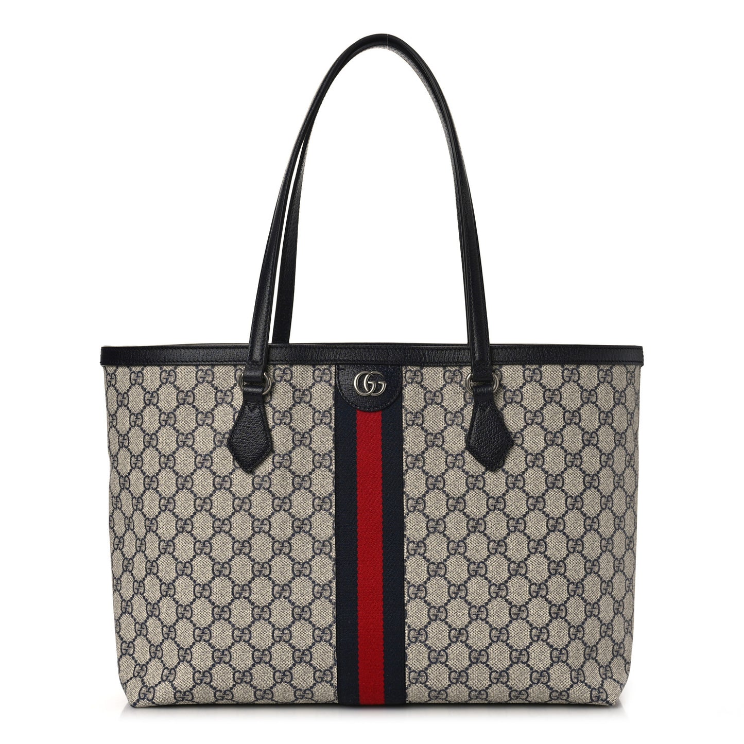 GG Supreme Monogram Textured Calfskin Web Medium Ophidia Shopping Tote Beige Blue