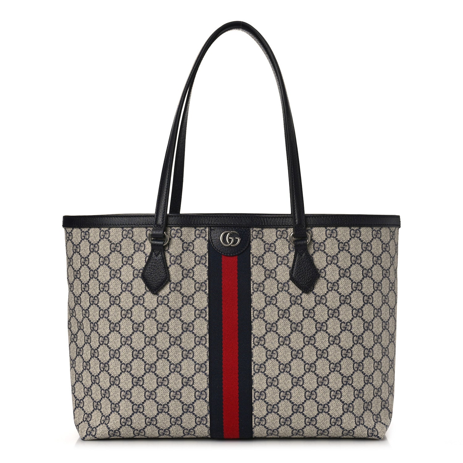 Gucci GG Supreme Monogram Textured Calfskin Web Medium Ophidia Shopping Tote Beige Blue 1 of 8