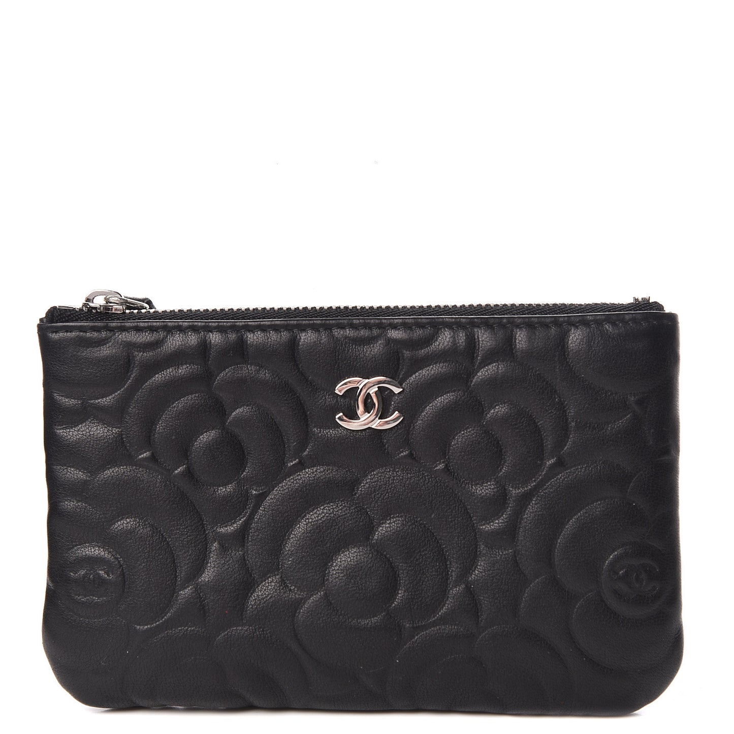 Goatskin Camellia Embossed Cosmetic Pouch Black