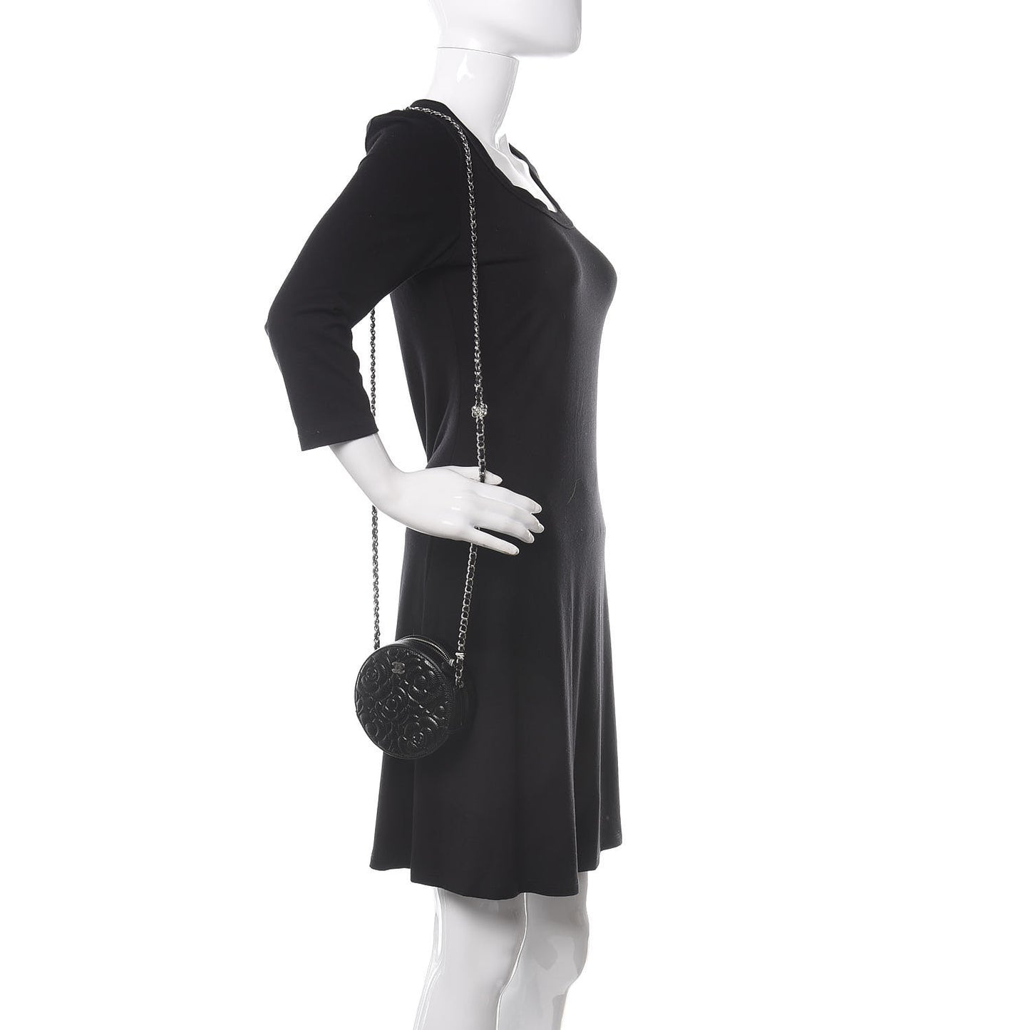 Caviar Camellia Embossed Round Clutch With Chain Black