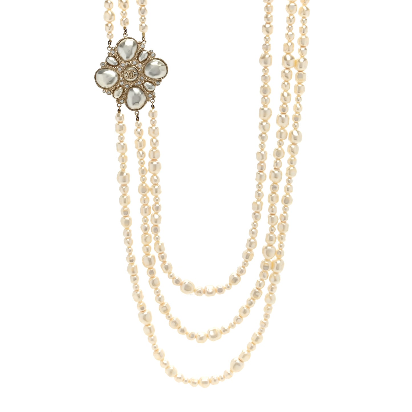 Graduated Pearl Crystal CC Multi Strand Necklace Gold