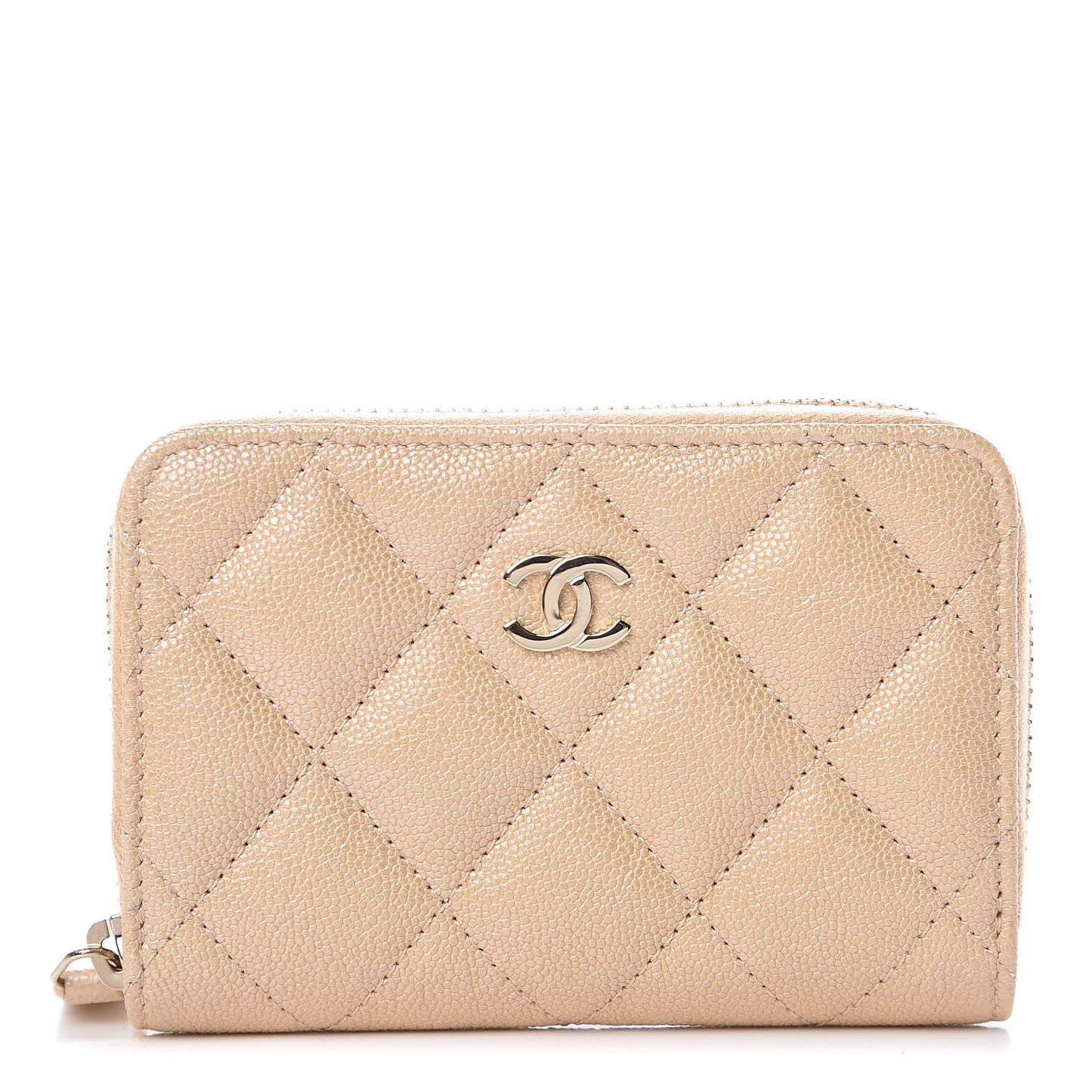 Iridescent Caviar Quilted Zip Around Coin Purse Beige