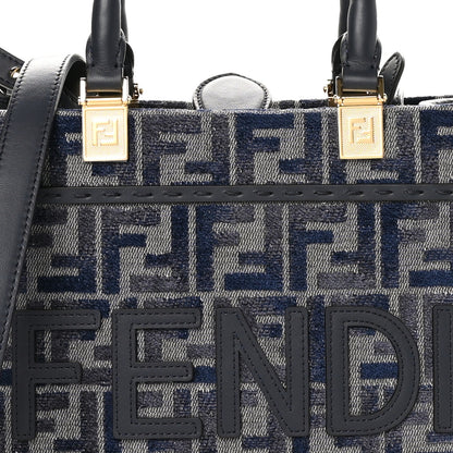 Fendi Chenille Vitello Grace FF Embroidered Small Fendi Sunshine Shopper Tote Dark Blue Grey 9 of 11