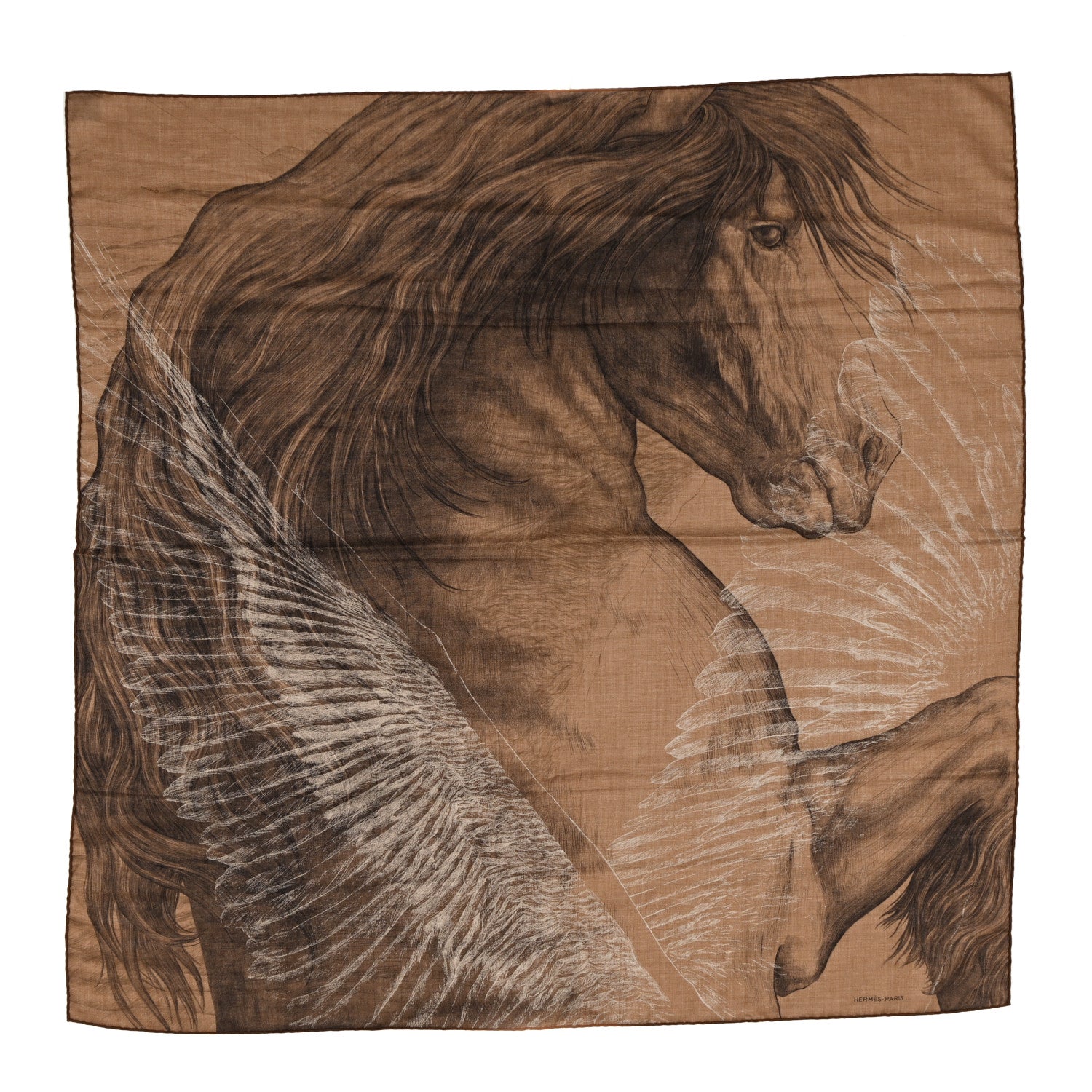 Hermes Cashmere Silk Les Ailes De Pegase Scarf 100 Caramel Black Creme 1 of 4