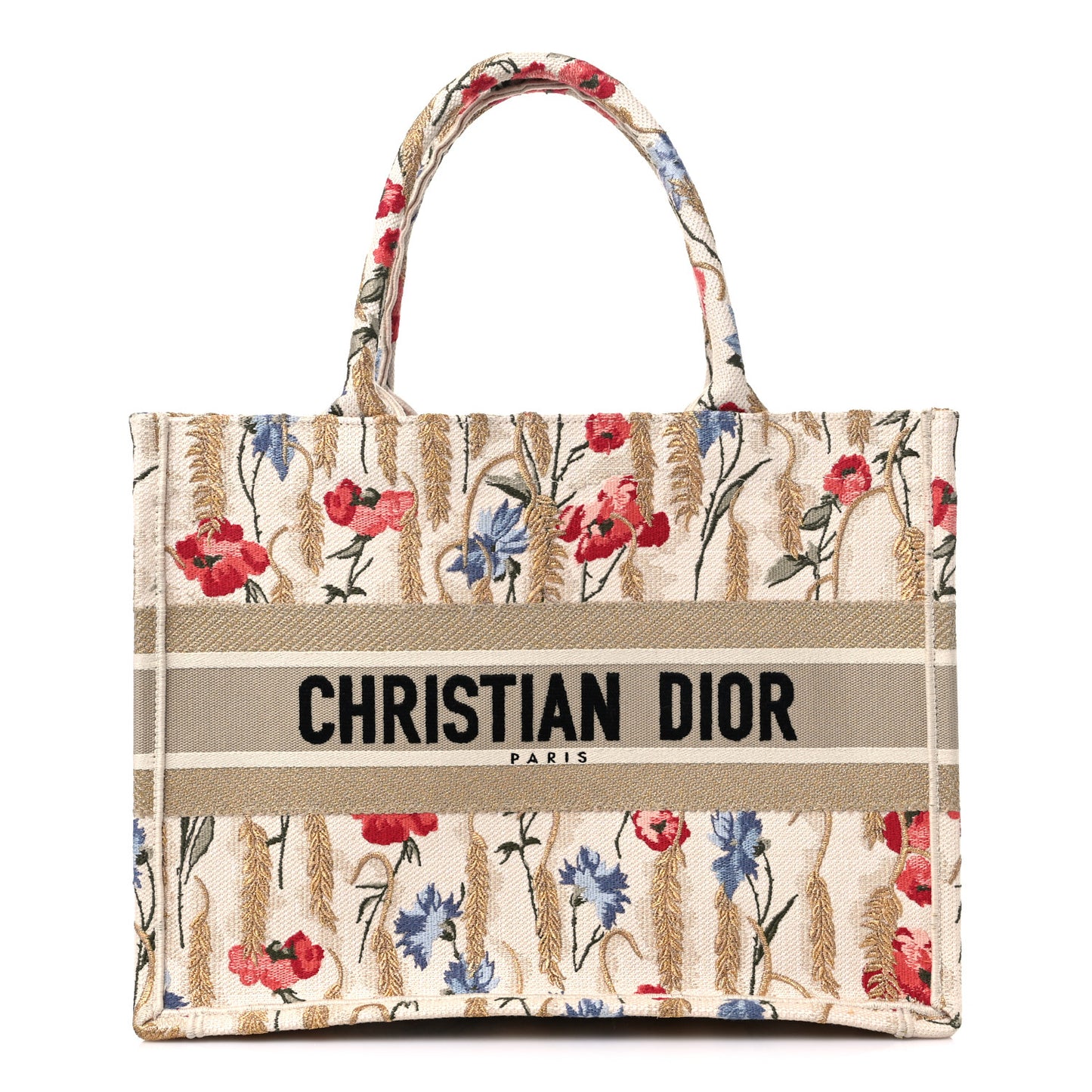 Canvas Embroidered Medium Hibiscus Book Tote Beige Multicolor