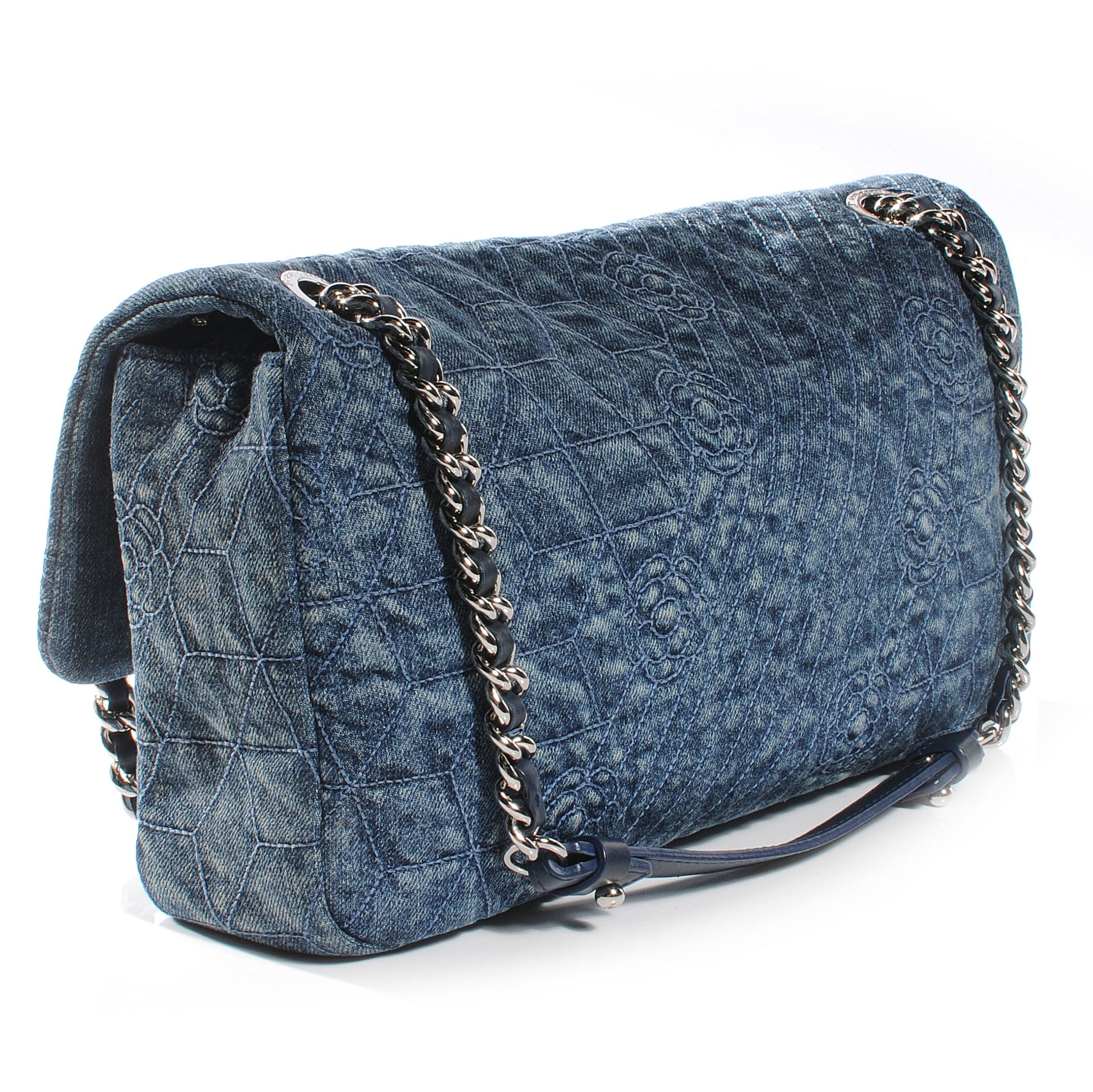 Chanel Denim Camellia Embroidered Large Flap Dark Blue 3 of 8