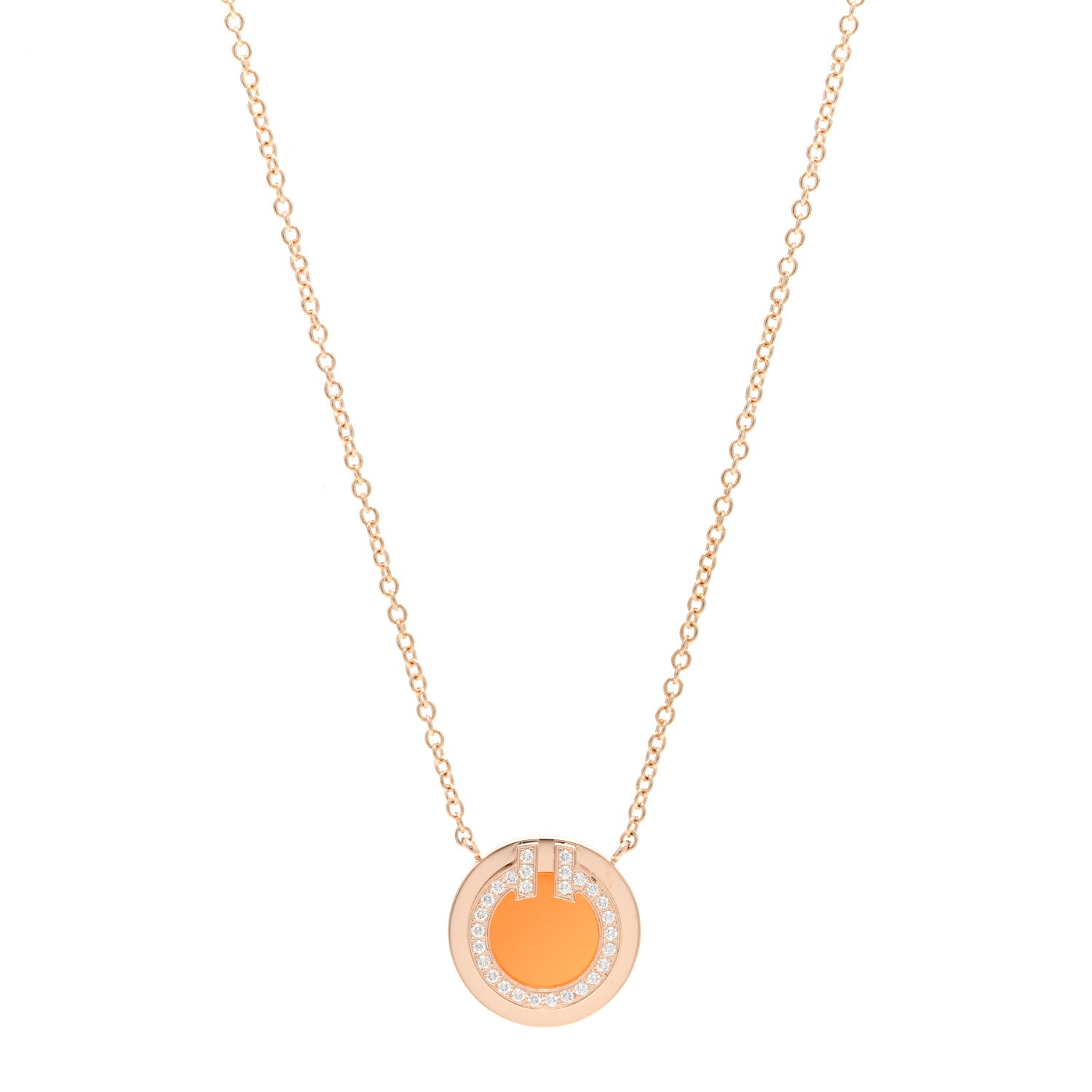 Tiffany 18K Rose Gold Diamond Carnelian Small T Circle Pendant Necklace 1 of 6