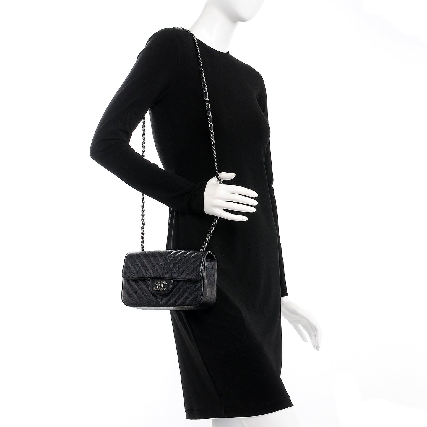 Metallic Caviar Chevron Quilted Mini Rectangular Flap Black