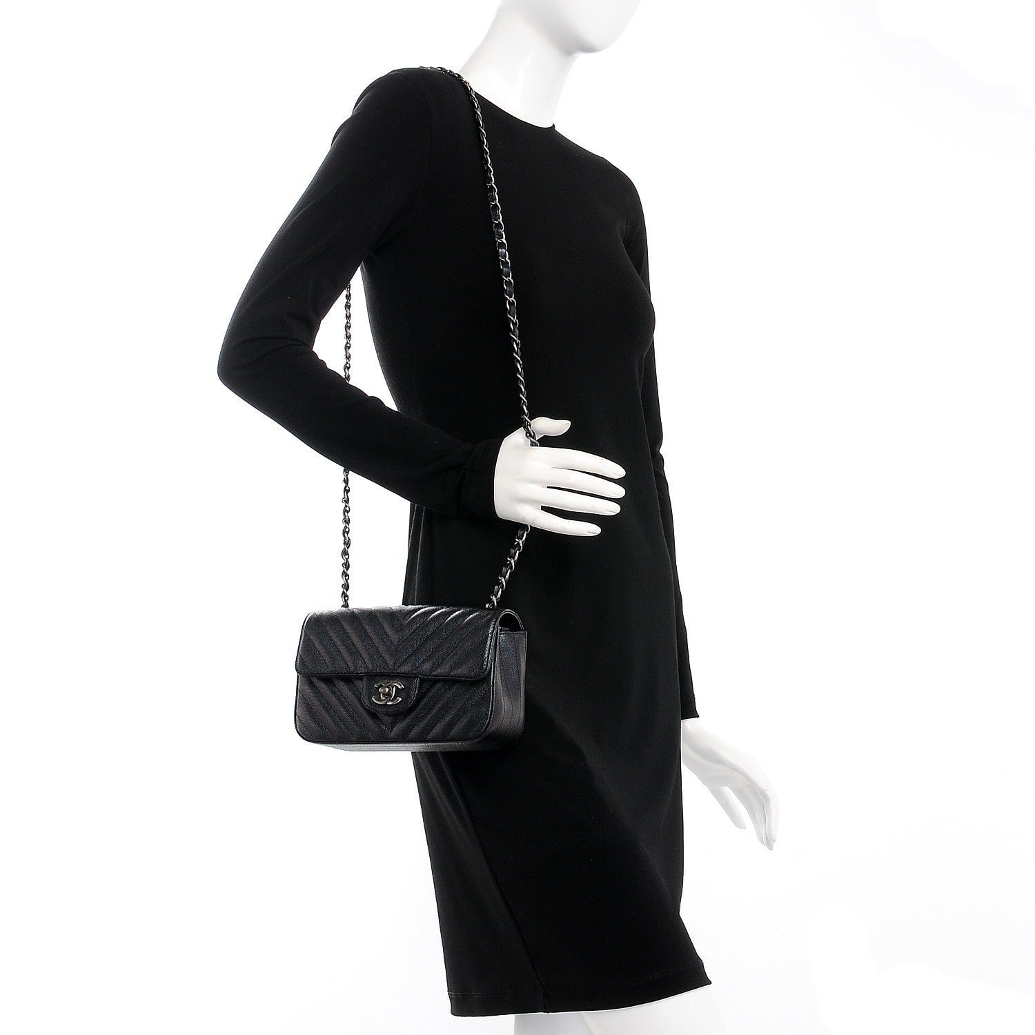 Chanel Metallic Caviar Chevron Quilted Mini Rectangular Flap Black 2 of 8