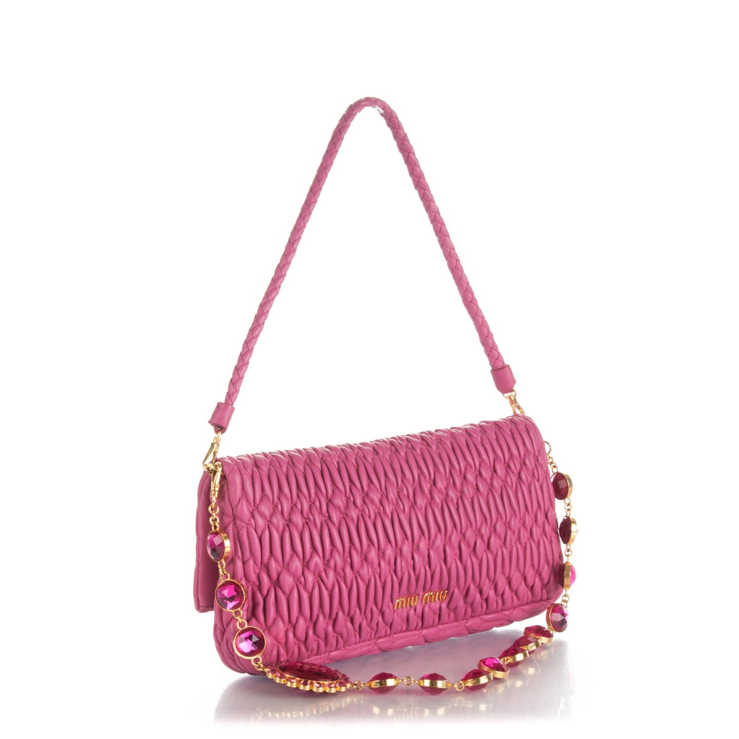 Nappa Matelasse Crystal Flap Clutch Fuxia
