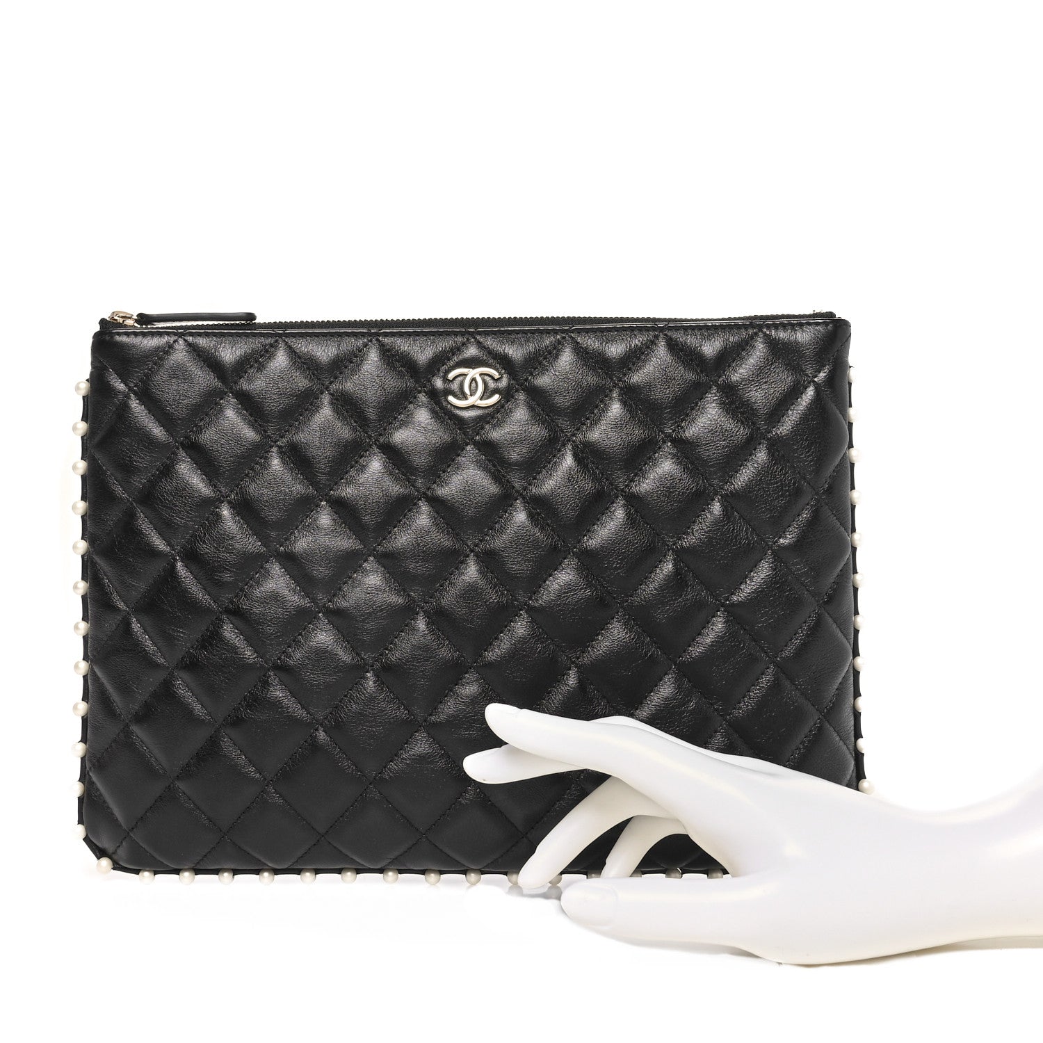 Chanel Calfskin Quilted Pearl Medium Cosmetic Case Black 2 of 11