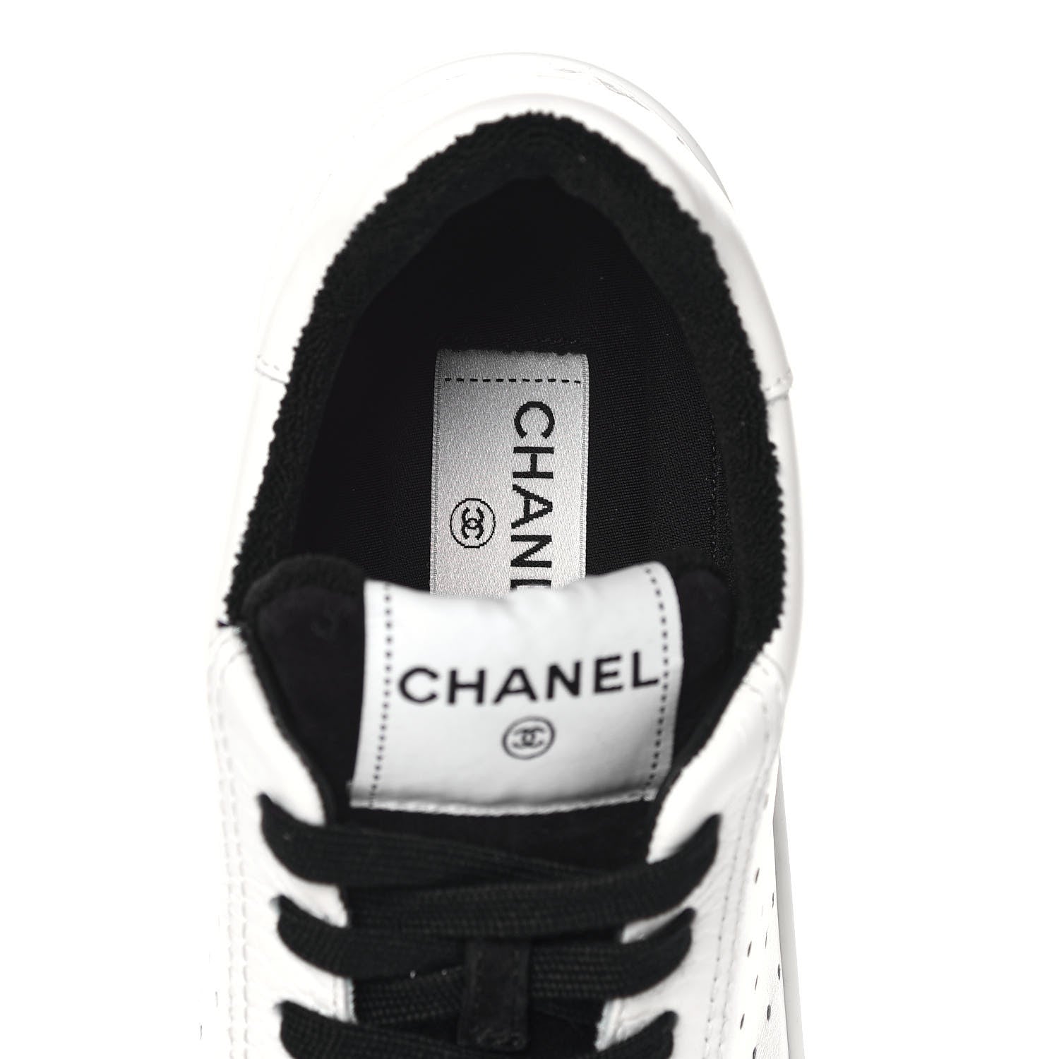 Chanel Grained Calfskin Fabric Womens Logo Sneakers 38.5 White Black 8 of 10