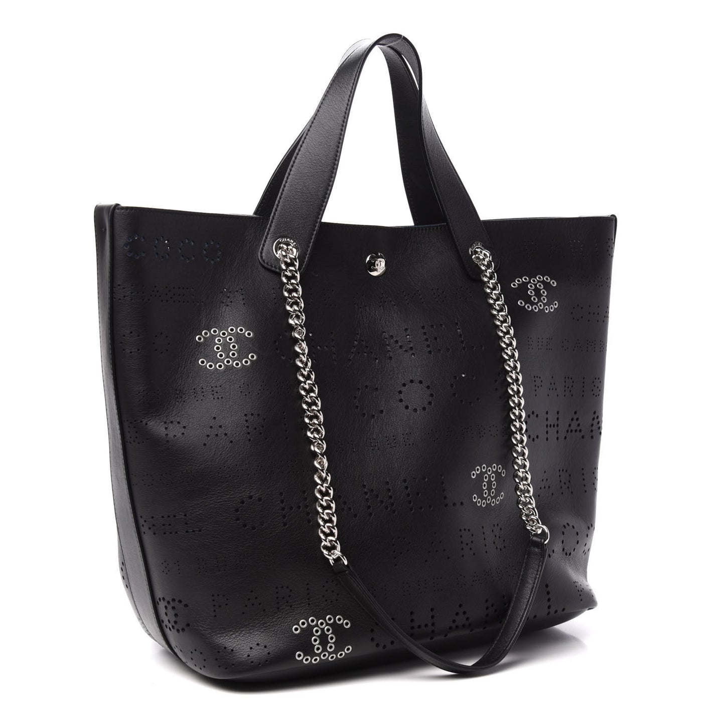 Calfskin Tweed Small Logo Eyelets Shopping Tote Black