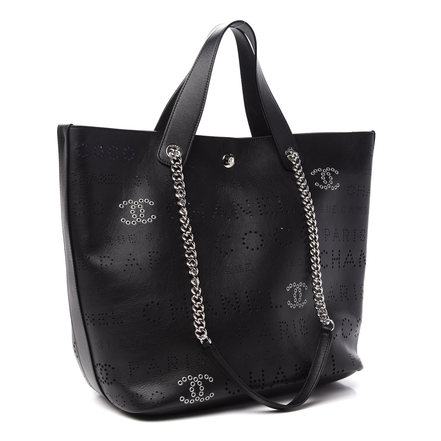 Chanel Calfskin Tweed Small Logo Eyelets Shopping Tote Black 4 of 11