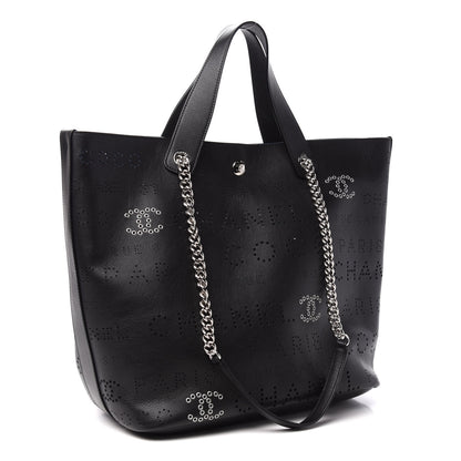 Chanel Calfskin Tweed Small Logo Eyelets Shopping Tote Black 4 of 11