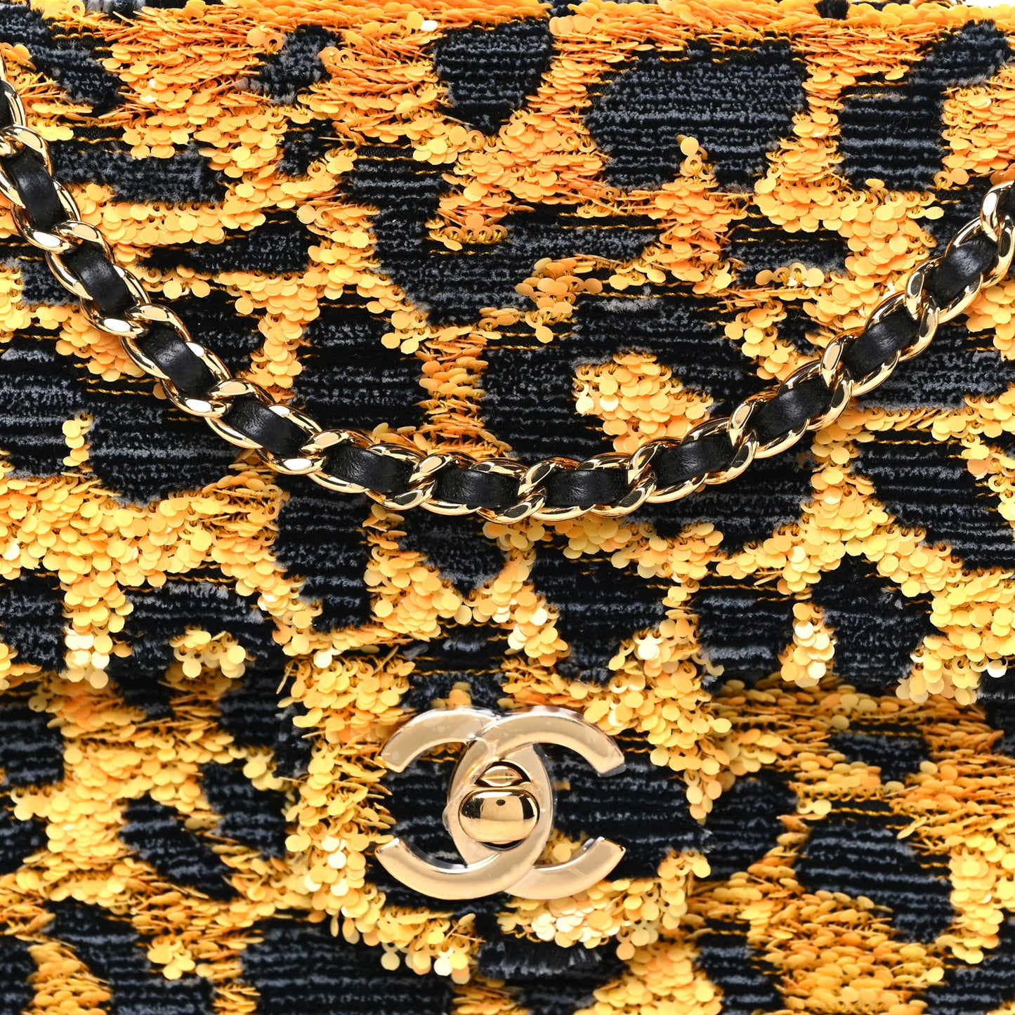Sequin Mixed Fibers Leopard Print Mini Rectangular Flap Black Orange