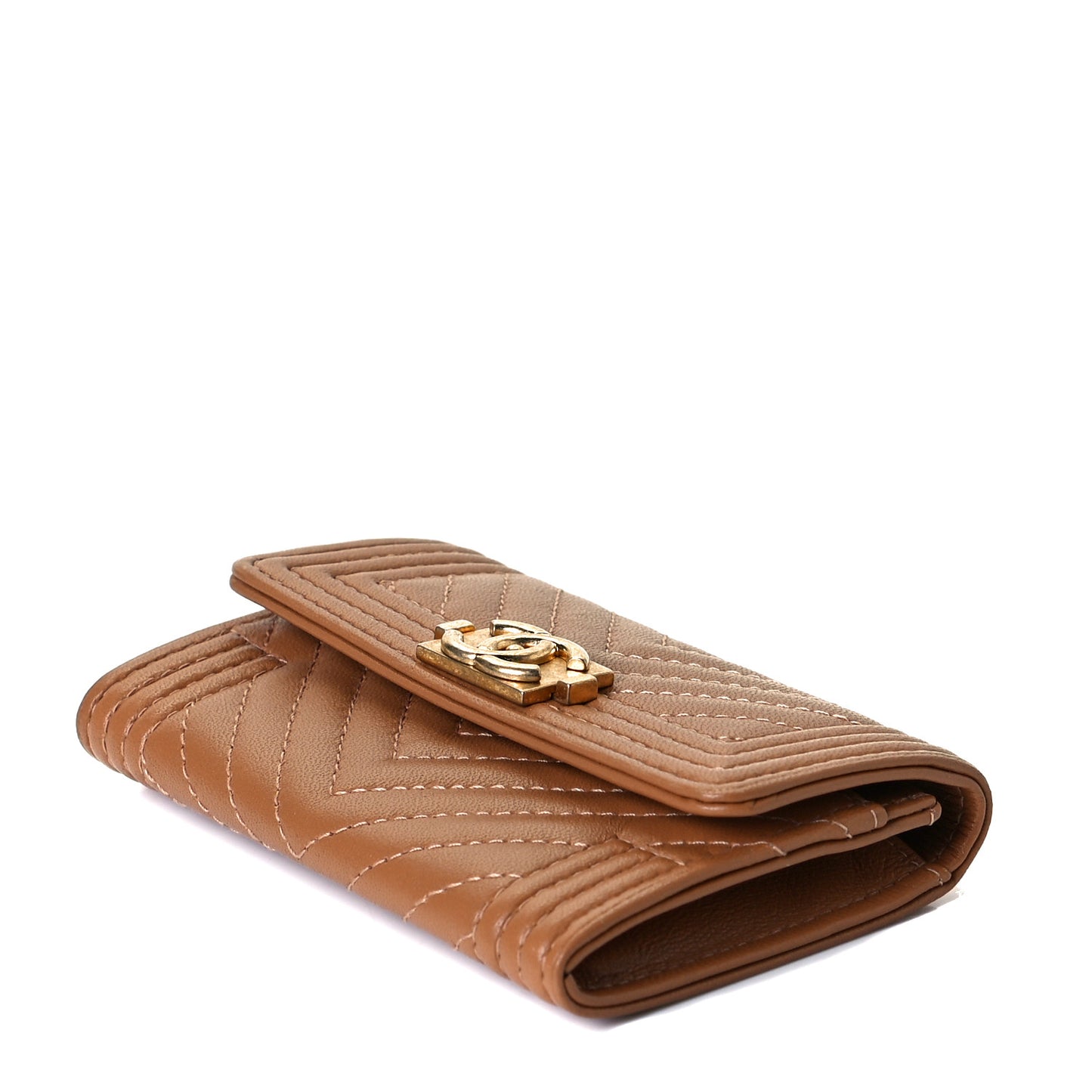 Lambskin Chevron Quilted Boy Card Holder Dark Beige