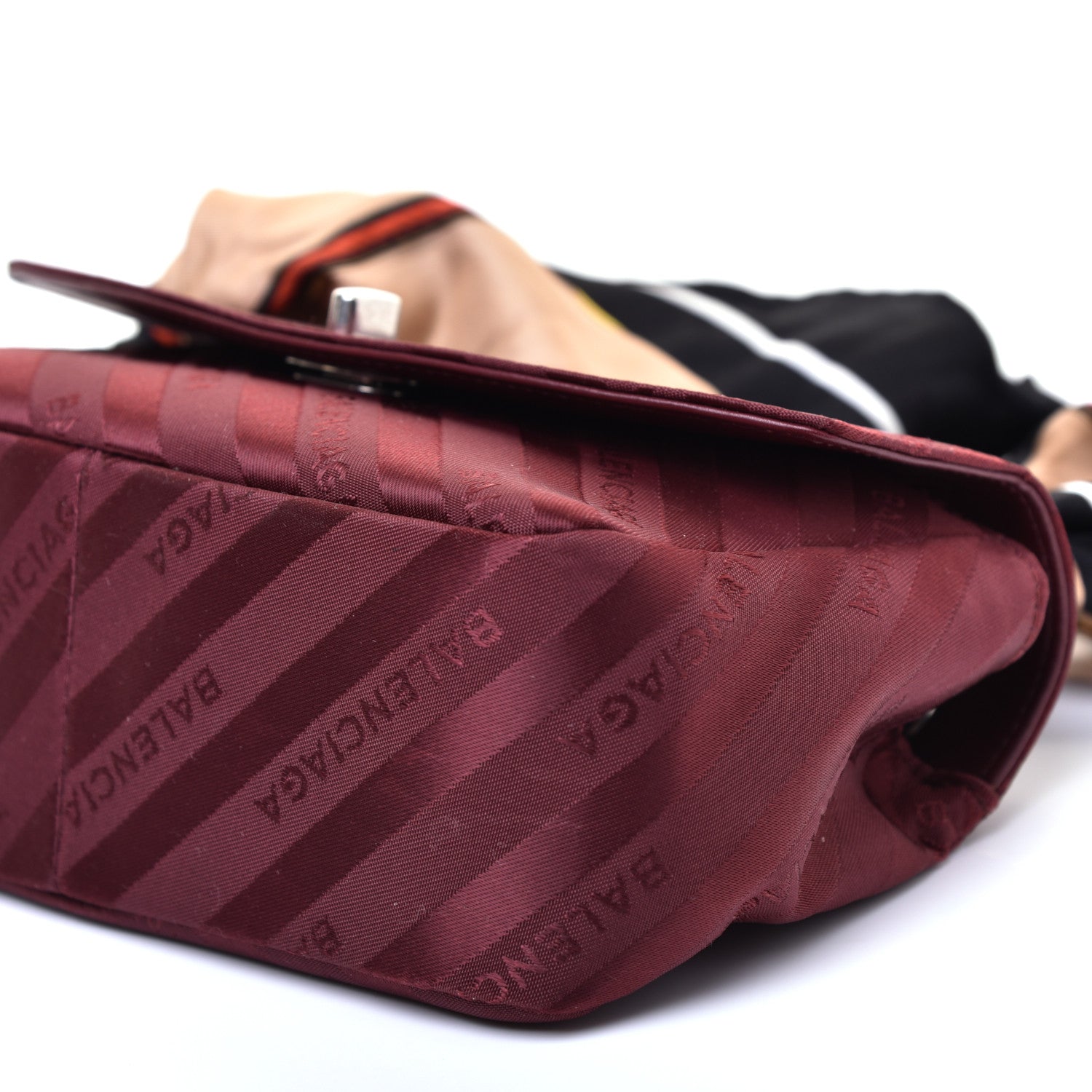 Balenciaga Nylon Jacquard Diagonal Logo Small Scarf Lock Chain Shoulder Bag Rouge Bordeaux Black Beige 7 of 8