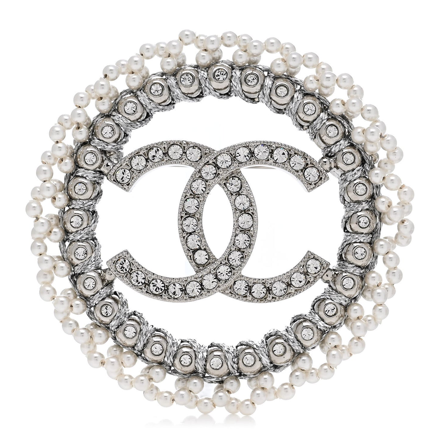 Crystal Pearl CC Round Brooch Silver