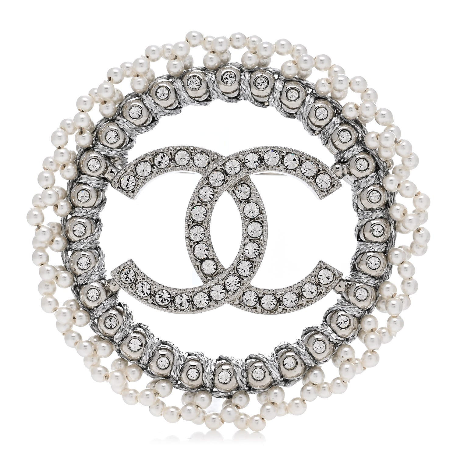 Chanel Crystal Pearl CC Round Brooch Silver 1 of 3