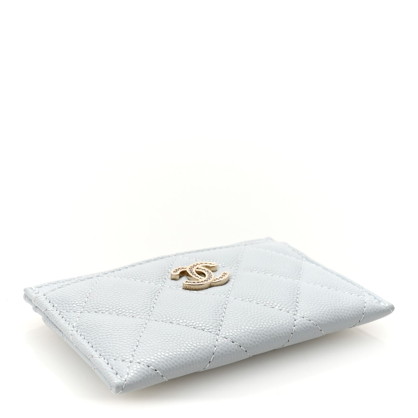 Caviar Quilted Crystal CC Logo Card Holder Light Blue