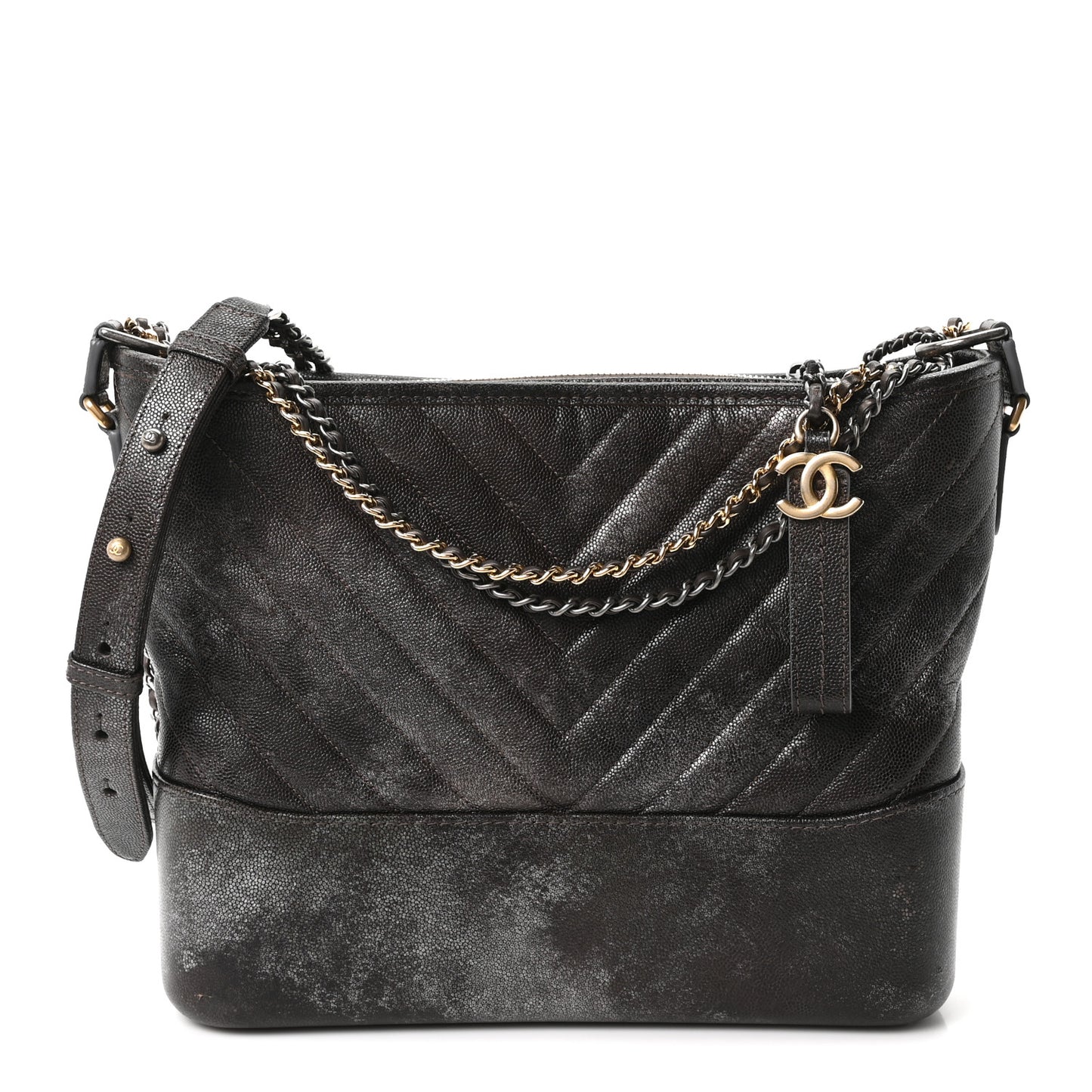 Metallic Caviar Chevron Quilted Medium Gabrielle Hobo Dark Silver Gold