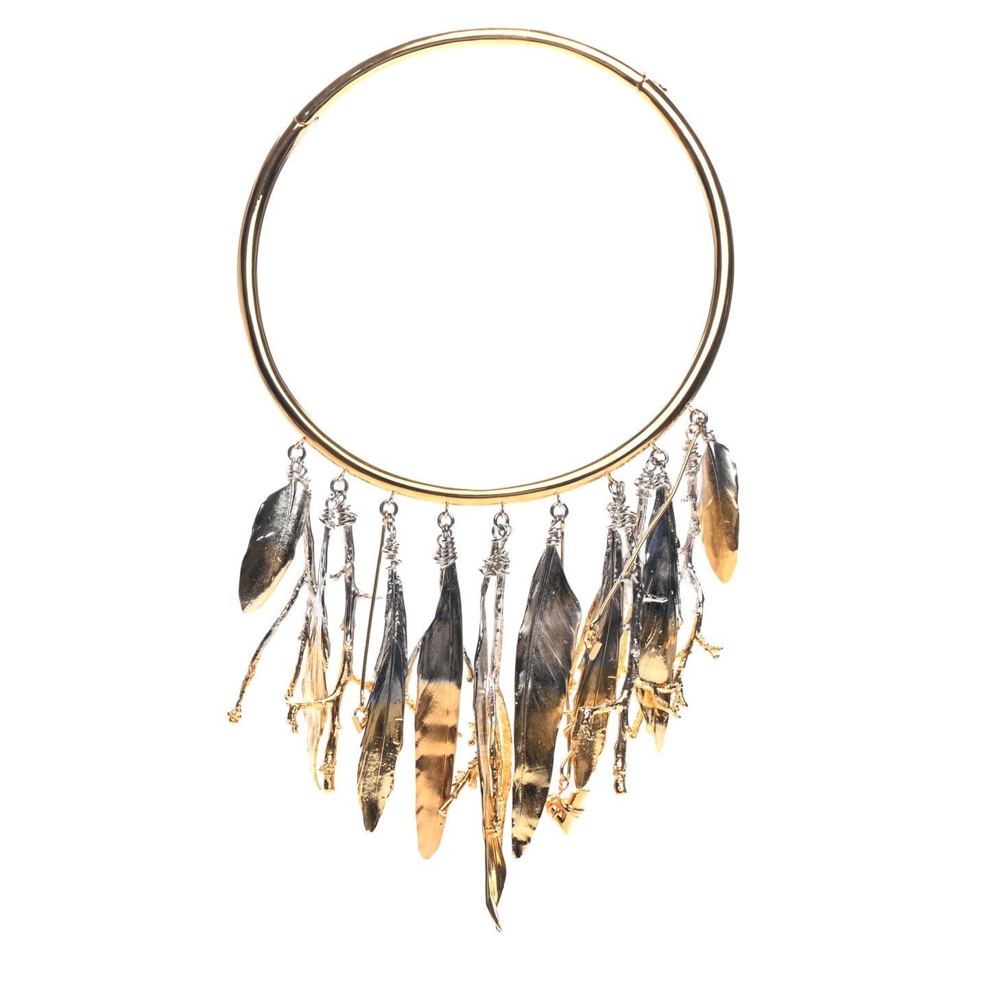 Metal Feathers Crew Necklace Gold Silver