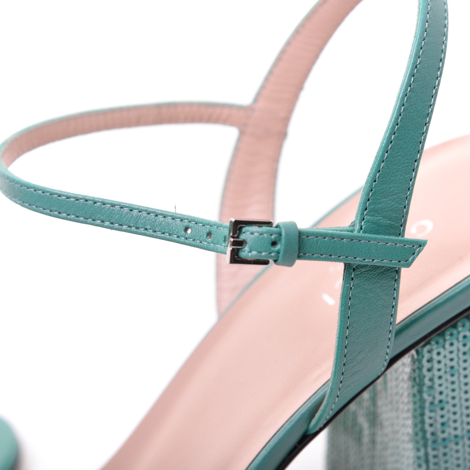Gucci Sequin Satin Malaga Kid GG Marmont Ankle Wrap 75mm Sandals 40.5 Water Green Verde Chiaro Light Water Green 15 of 15