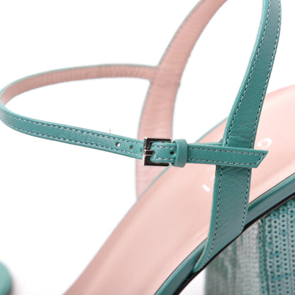 Gucci Sequin Satin Malaga Kid GG Marmont Ankle Wrap 75mm Sandals 40.5 Water Green Verde Chiaro Light Water Green 15 of 15