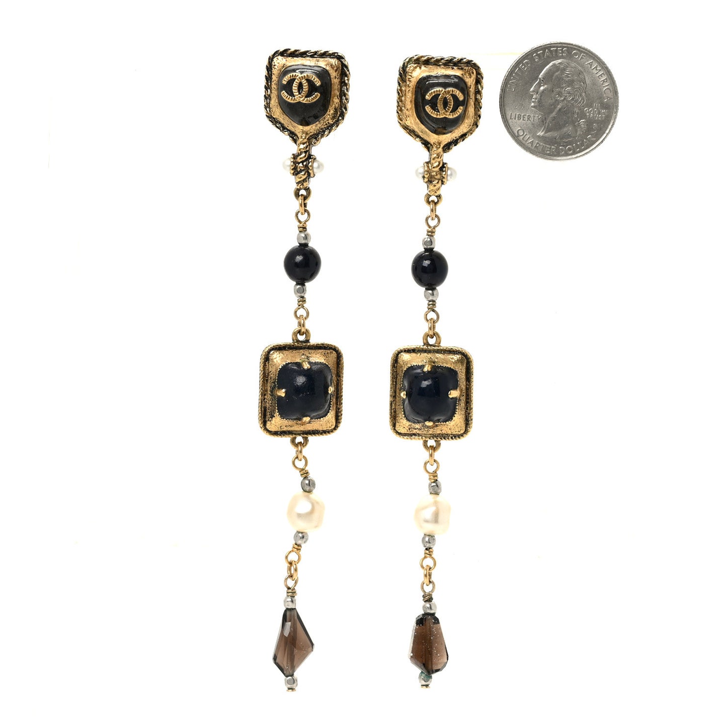 Pearl Bead CC Dangle Earrings Gold Black