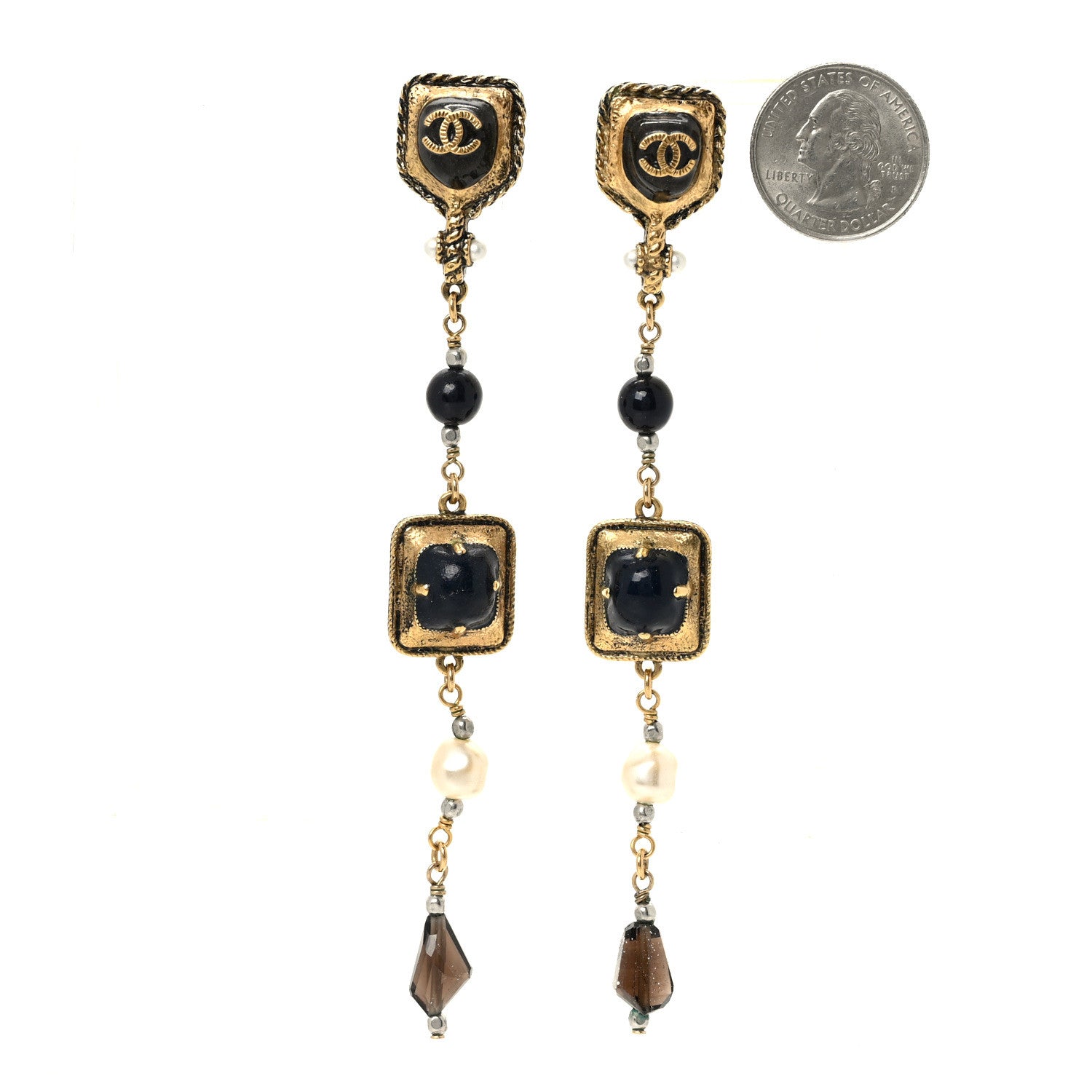 Chanel Pearl Bead CC Dangle Earrings Gold Black 2 of 4