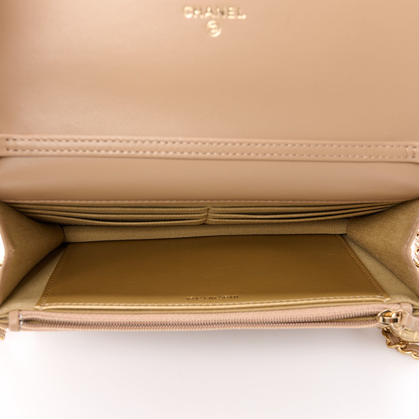 Lambskin Quilted CC Pearl Crush Wallet on Chain WOC Beige