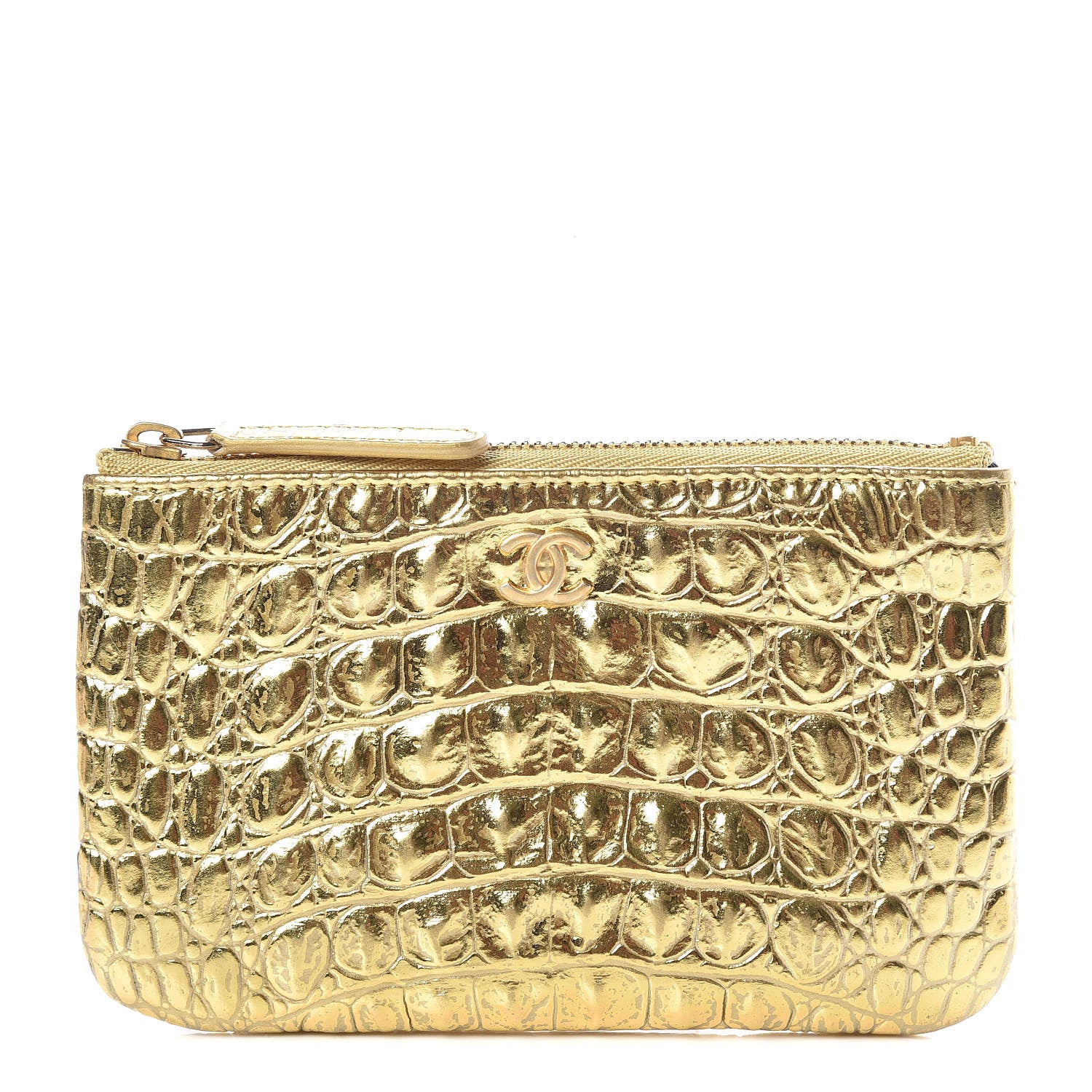 Chanel Metallic Calfskin Crocodile Embossed Cocodile Cosmetic Case Gold 1 of 8